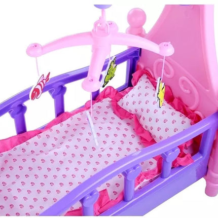 Didelė lėlių lovytė su karusele ir patalyne, rožinė ir violetinė, 48 cm