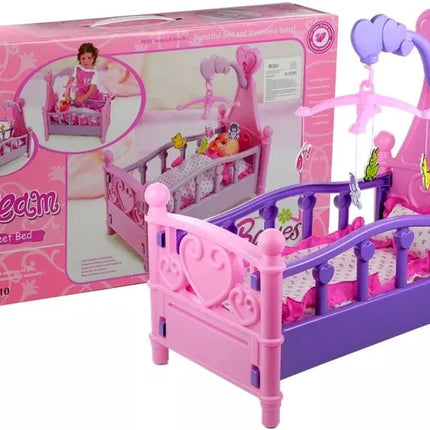 Didelė lėlių lovytė su karusele ir patalyne, rožinė ir violetinė, 48 cm