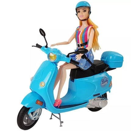 Lėlės motorolerio šalmas, ilgi plaukai, rožinis rinkinys