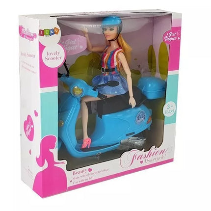 Lėlės motorolerio šalmas, ilgi plaukai, rožinis rinkinys