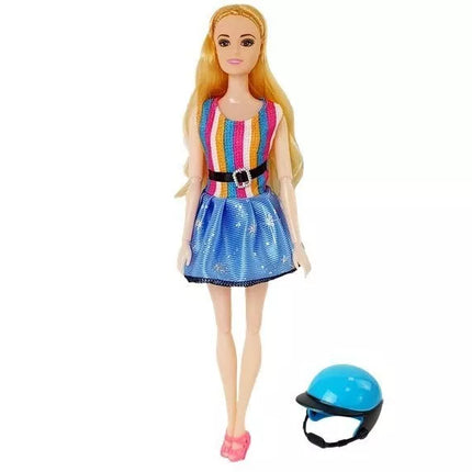 Lėlės motorolerio šalmas, ilgi plaukai, rožinis rinkinys