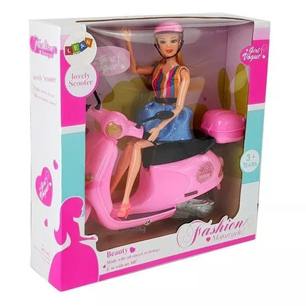 Lėlės motorolerio šalmas, ilgi plaukai, rožinis rinkinys