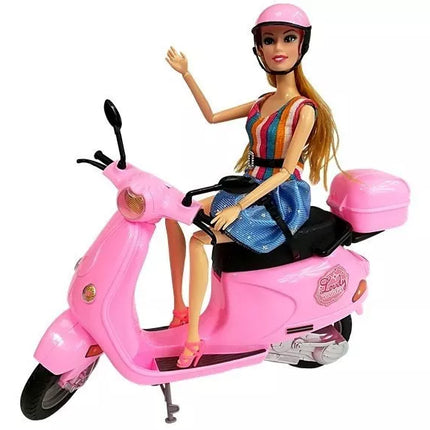 Lėlės motorolerio šalmas, ilgi plaukai, rožinis rinkinys