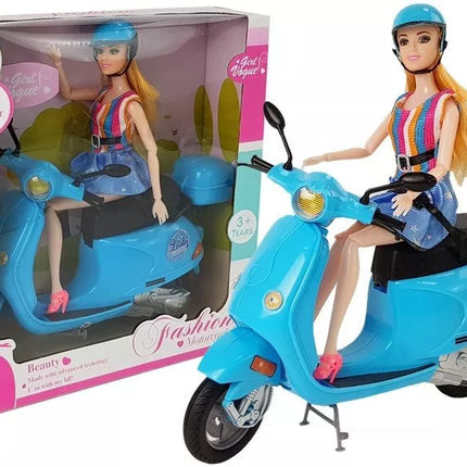 Lėlės motorolerio šalmas, ilgi plaukai, rožinis rinkinys