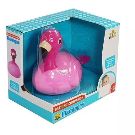Flamingas maudynių žaislas plūduriuoja ant vandens