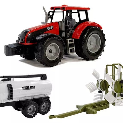 Traktorius su priekaba, grėbliu ir raudona cisterna