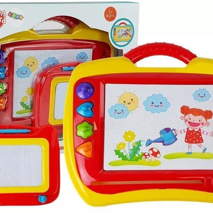 2 magnetinių stalų su antspaudais rinkinys, mėlynos ir geltonos spalvos