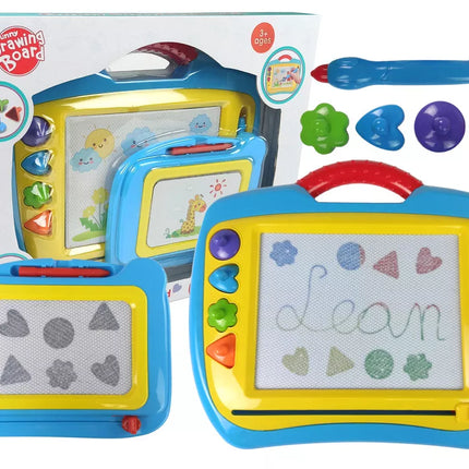 2 magnetinių stalų su antspaudais rinkinys, mėlynos ir geltonos spalvos