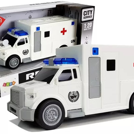 Greitosios pagalbos automobilis su frikciniu varikliu, baltas, 1:20, su garsu