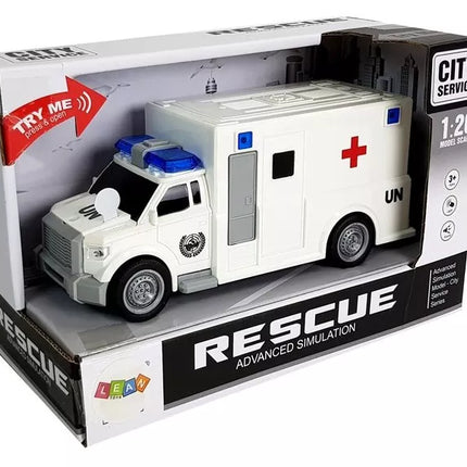 Greitosios pagalbos automobilis su frikciniu varikliu, baltas, 1:20, su garsu
