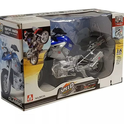 Motociklas su baterijomis, su šviesomis ir muzika, mėlynas