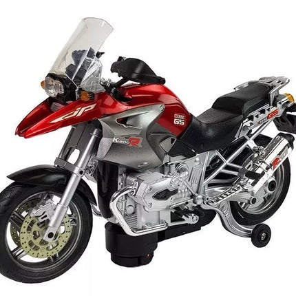 Raudonas motociklas su baterijomis, šviesomis ir muzika