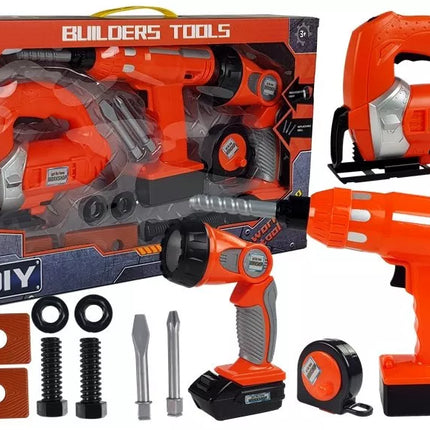 „Pasidaryk pats“ rinkinys: gręžtuvas, siaurapjūklis, akumuliatorinis žibintuvėlis, 12 dalių