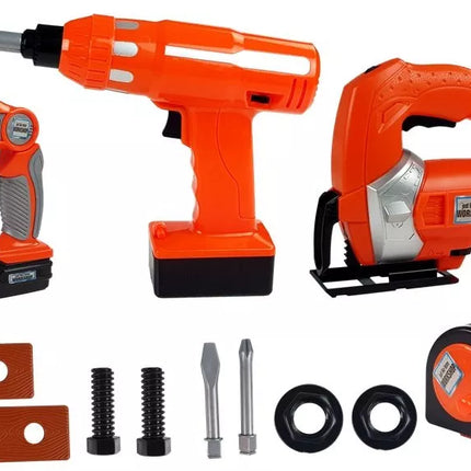 „Pasidaryk pats“ rinkinys: gręžtuvas, siaurapjūklis, akumuliatorinis žibintuvėlis, 12 dalių