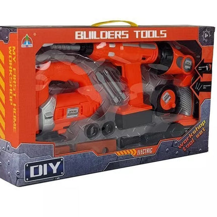 „Pasidaryk pats“ rinkinys: gręžtuvas, siaurapjūklis, akumuliatorinis žibintuvėlis, 12 dalių