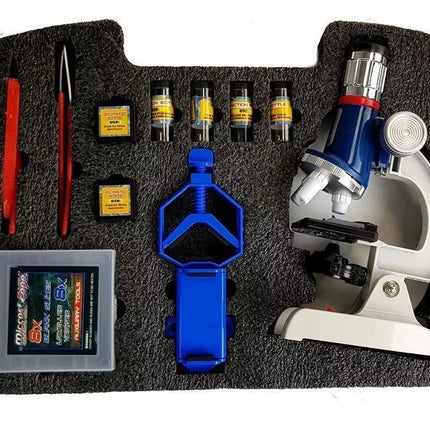 Didelis mokslininko lagaminas vaikiškas edukacinis mikroskopas 100x 400x 1200x
