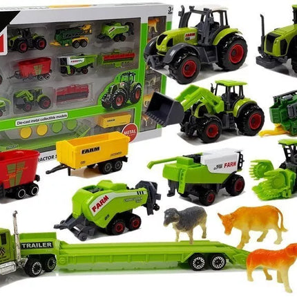 Žemės ūkio transporto priemonių rinkinys Traktoriai Priekabos su gyvūnų figūrėlėmis
