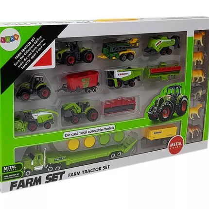 Žemės ūkio transporto priemonių rinkinys Traktoriai Priekabos su gyvūnų figūrėlėmis