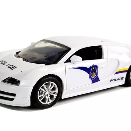 Sportinis automobilis, policija, tamsūs stiklai, įtempta balta šviesa, garsas