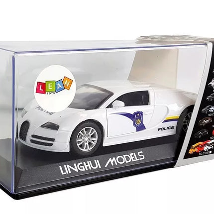 Sportinis automobilis, policija, tamsūs stiklai, įtempta balta šviesa, garsas