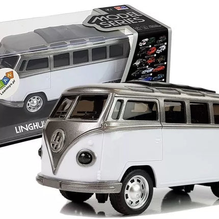 Autobusas spyruoklinis variklis baltas su šviesomis ir garsu