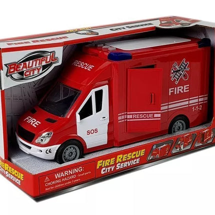 Gaisrinė mašina su frikciniu garsiniu varikliu ir atidaromomis durelėmis