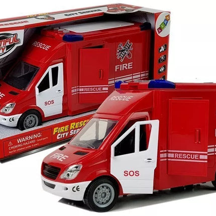 Gaisrinė mašina su frikciniu garsiniu varikliu ir atidaromomis durelėmis