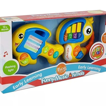 Baterijomis valdomas papūgos formos pianinas ir gitara