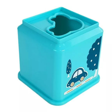 Stiklinių bokštelių piramidė su transporto priemonių paveikslėliais kūdikiams