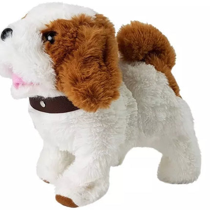 Pliušinis šuo su baterijomis, baltas, su rudais lopais, priedai, garsas