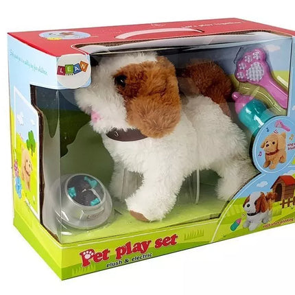 Pliušinis šuo su baterijomis, baltas, su rudais lopais, priedai, garsas