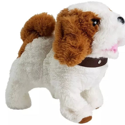 Pliušinis šuo su baterijomis, baltas, su rudais lopais, priedai, garsas