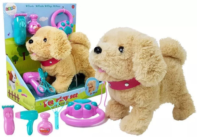 Pliušinis šuo su pavadėliu, maitinamas baterijomis, smėlio spalvos priedai