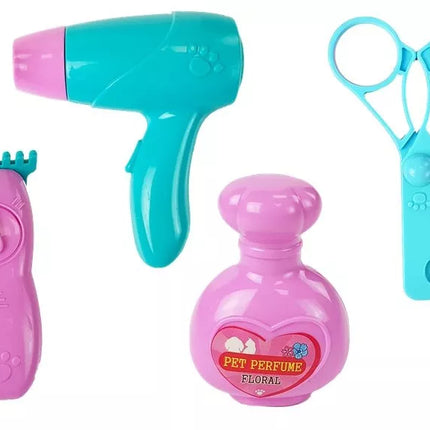 Pliušinis šuo su pavadėliu, maitinamas baterijomis, smėlio spalvos priedai