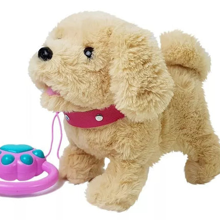 Pliušinis šuo su pavadėliu, maitinamas baterijomis, smėlio spalvos priedai