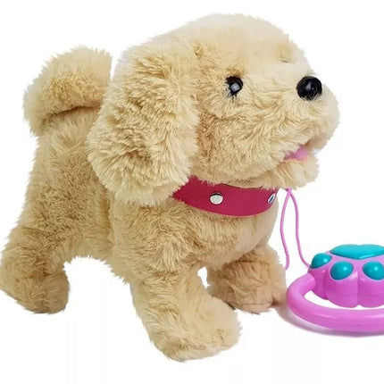 Pliušinis šuo su pavadėliu, maitinamas baterijomis, smėlio spalvos priedai