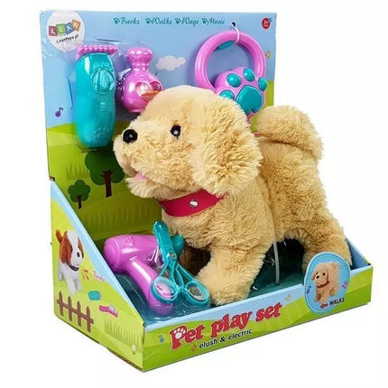 Pliušinis šuo su pavadėliu, maitinamas baterijomis, smėlio spalvos priedai