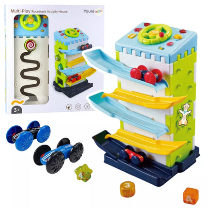 Edukacinis kaladėlių nusileidimo takas su automobilių rūšiuokliu