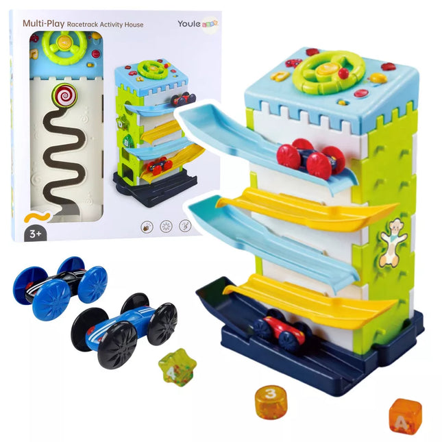 Edukacinis kaladėlių nusileidimo takas su automobilių rūšiuokliu