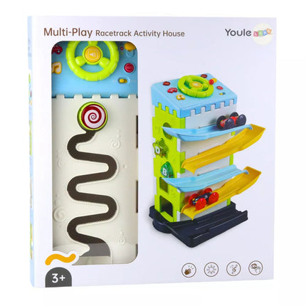 Edukacinis kaladėlių nusileidimo takas su automobilių rūšiuokliu