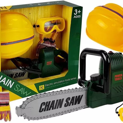 Įrankių rinkinys, akumuliatorinis pjūklas, šalmas, pirštinės ir apsauginiai akiniai