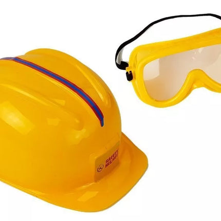 Įrankių rinkinys, akumuliatorinis pjūklas, šalmas, pirštinės ir apsauginiai akiniai