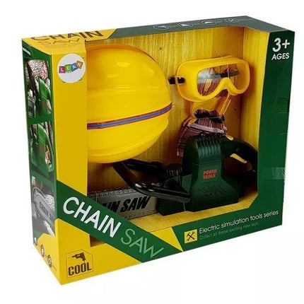 Įrankių rinkinys, akumuliatorinis pjūklas, šalmas, pirštinės ir apsauginiai akiniai