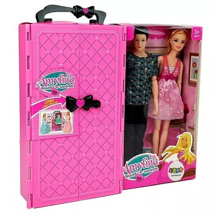 Lėlių rinkinys berniukas mergaitė drabužių spinta persirengimo kambarys drabužiai lagamine