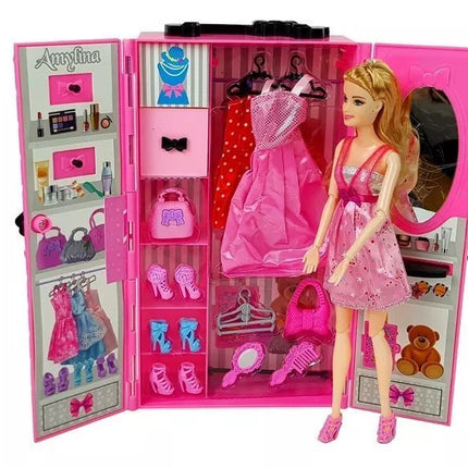 Lėlių rinkinys berniukas mergaitė drabužių spinta persirengimo kambarys drabužiai lagamine