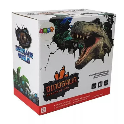 Žalias dinozauras su baterijomis, judantis su garso projektoriumi