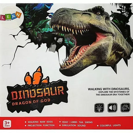 Žalias dinozauras su baterijomis, judantis su garso projektoriumi