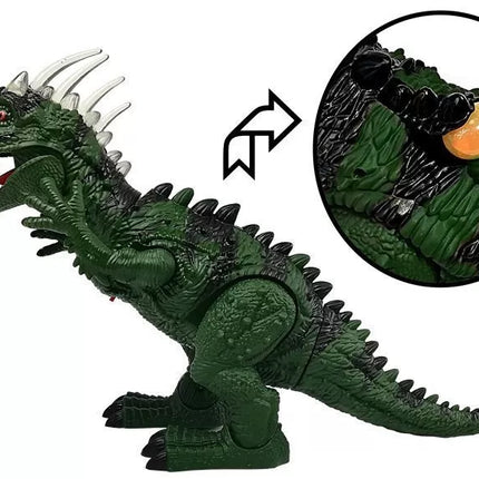 Žalias dinozauras su baterijomis, judantis su garso projektoriumi