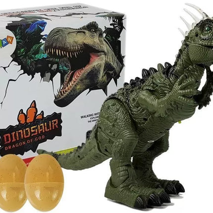 Žalias dinozauras su baterijomis, judantis su garso projektoriumi