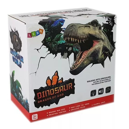 Rudas rudos spalvos dinozauras su baterijomis juda su projektoriumi ir garsu